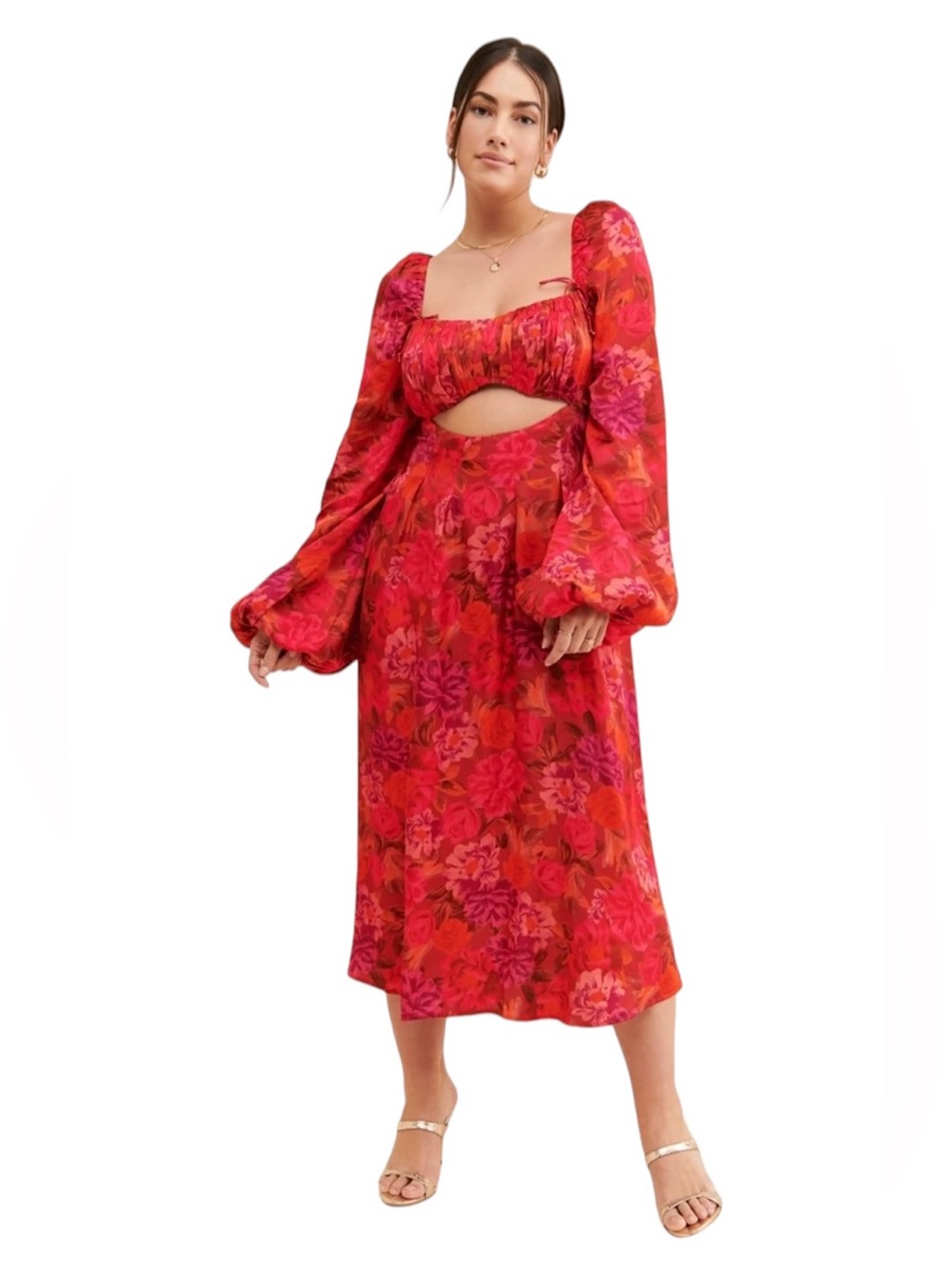 For Love & Lemons Red Floral Nikki Midi Dress Womens XS